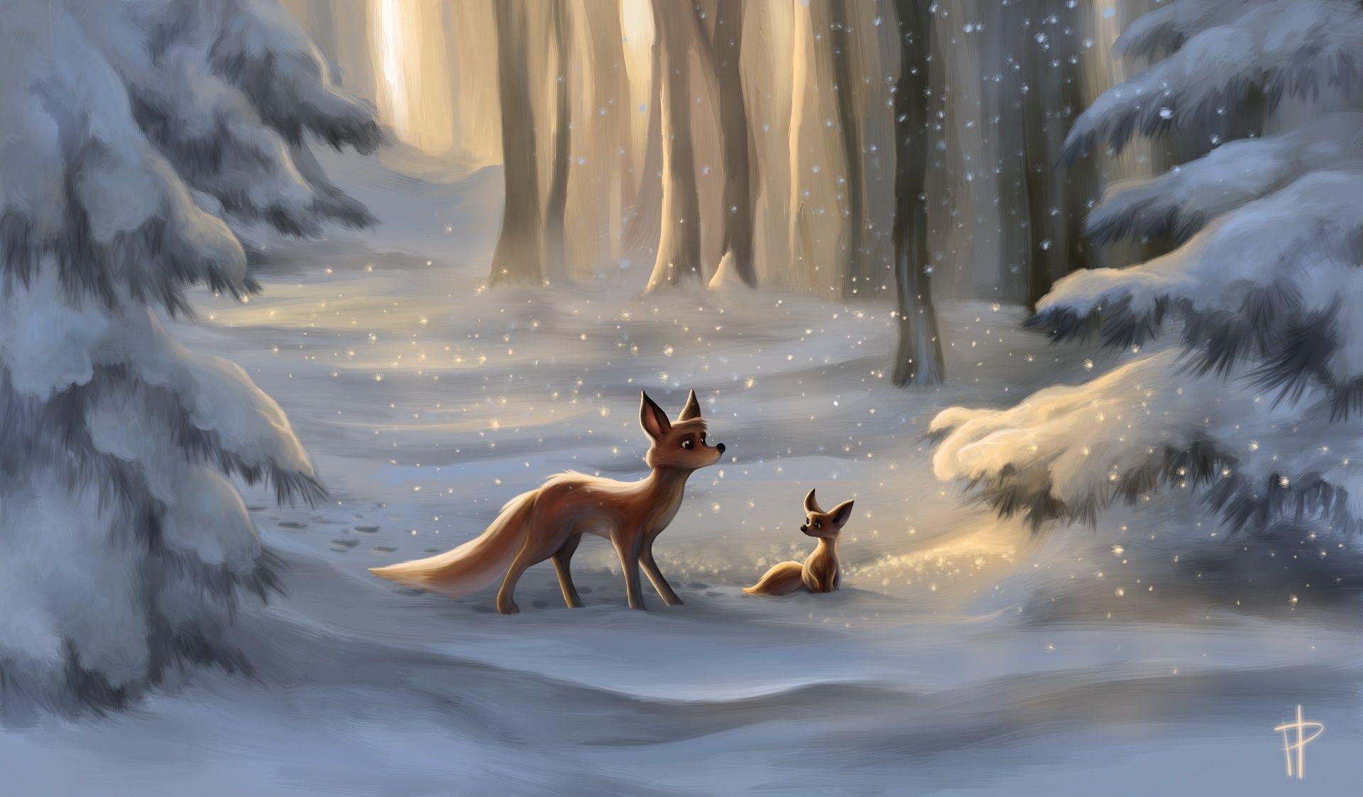 1920x1123 Winter Fox Wallpaper Drawing