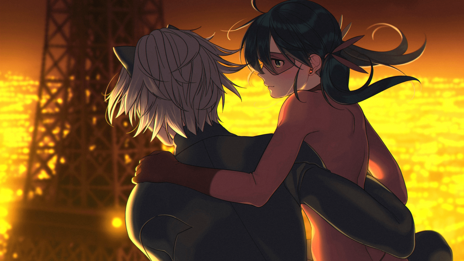 1600x900 illustration, night, anime, mask, France, Paris, Eiffel Tower, Miraculous LadyBug, cat noir, ladybug and cat noir, screenshot, computer wallpaper. Mocah HD Wallpaper