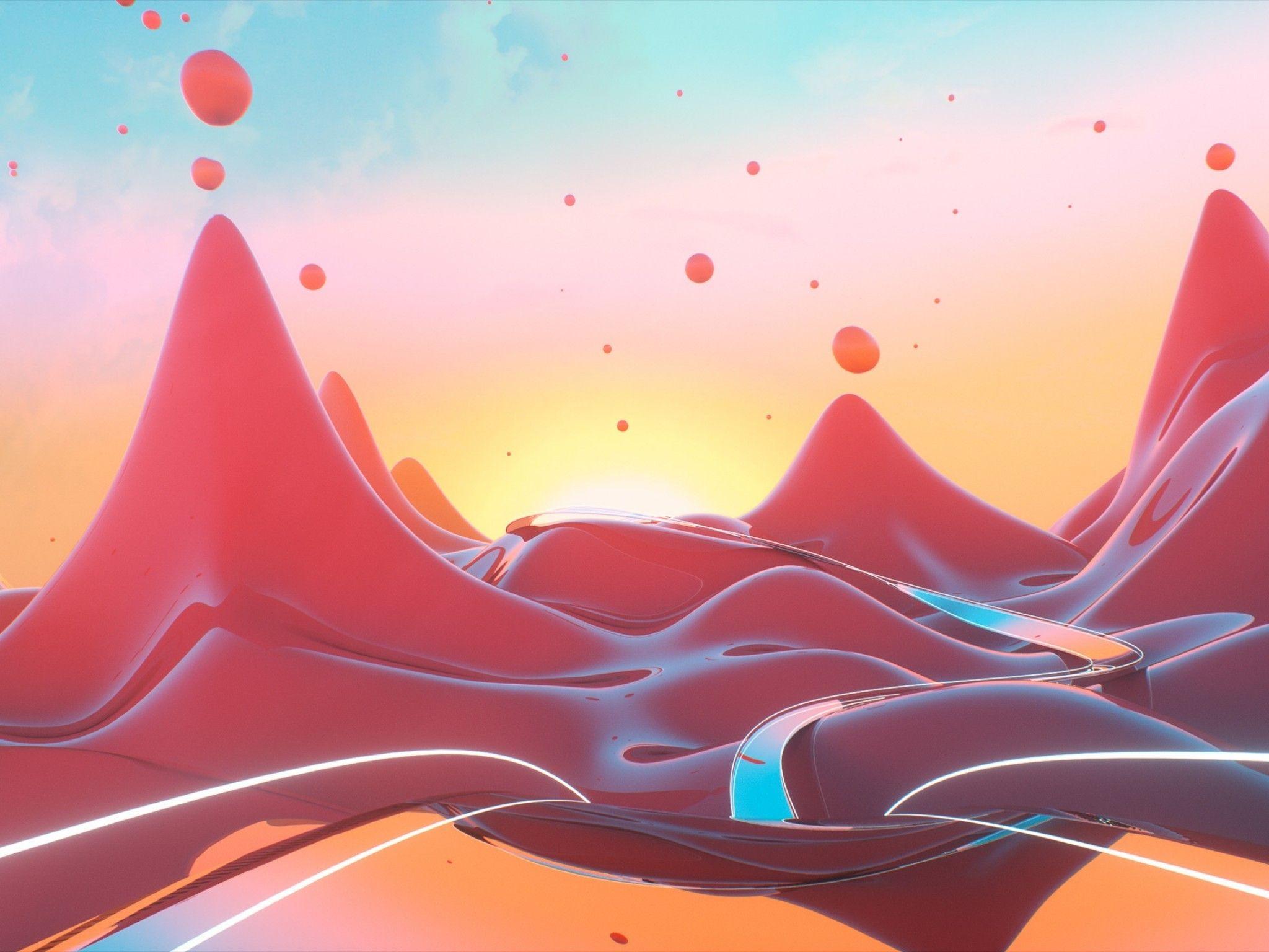 2048x1536 Download 2048x1536 3D Landscape, Mountains, Sunset, Fluid, Roads Wallpaper for Ainol Novo 9 Spark