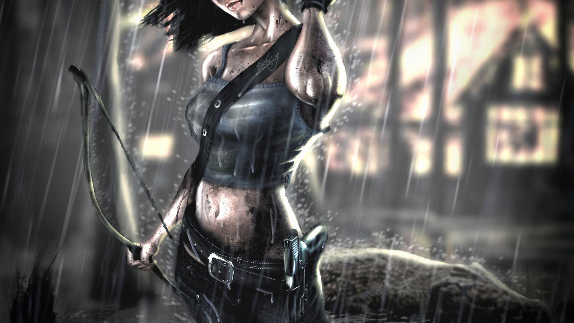 1920x1080 Full HD Wallpaper lara croft heavy rain bow gun, Desktop Background HD 1080p