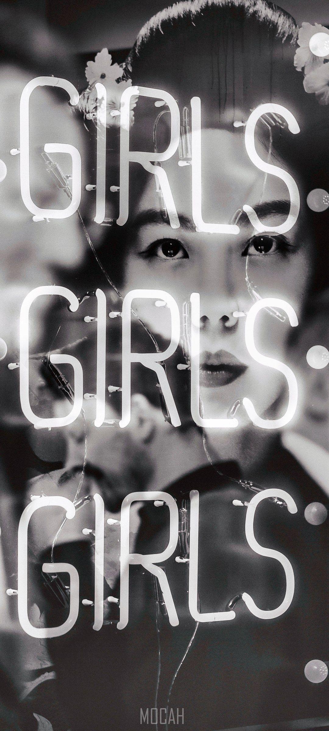 1080x2400 black and white shot of neon girl girls girls sign with reflection of people london, joshkjack, Realme X7 Pro full HD wallpaper, 1080x2400. Mocah HD Wallpaper