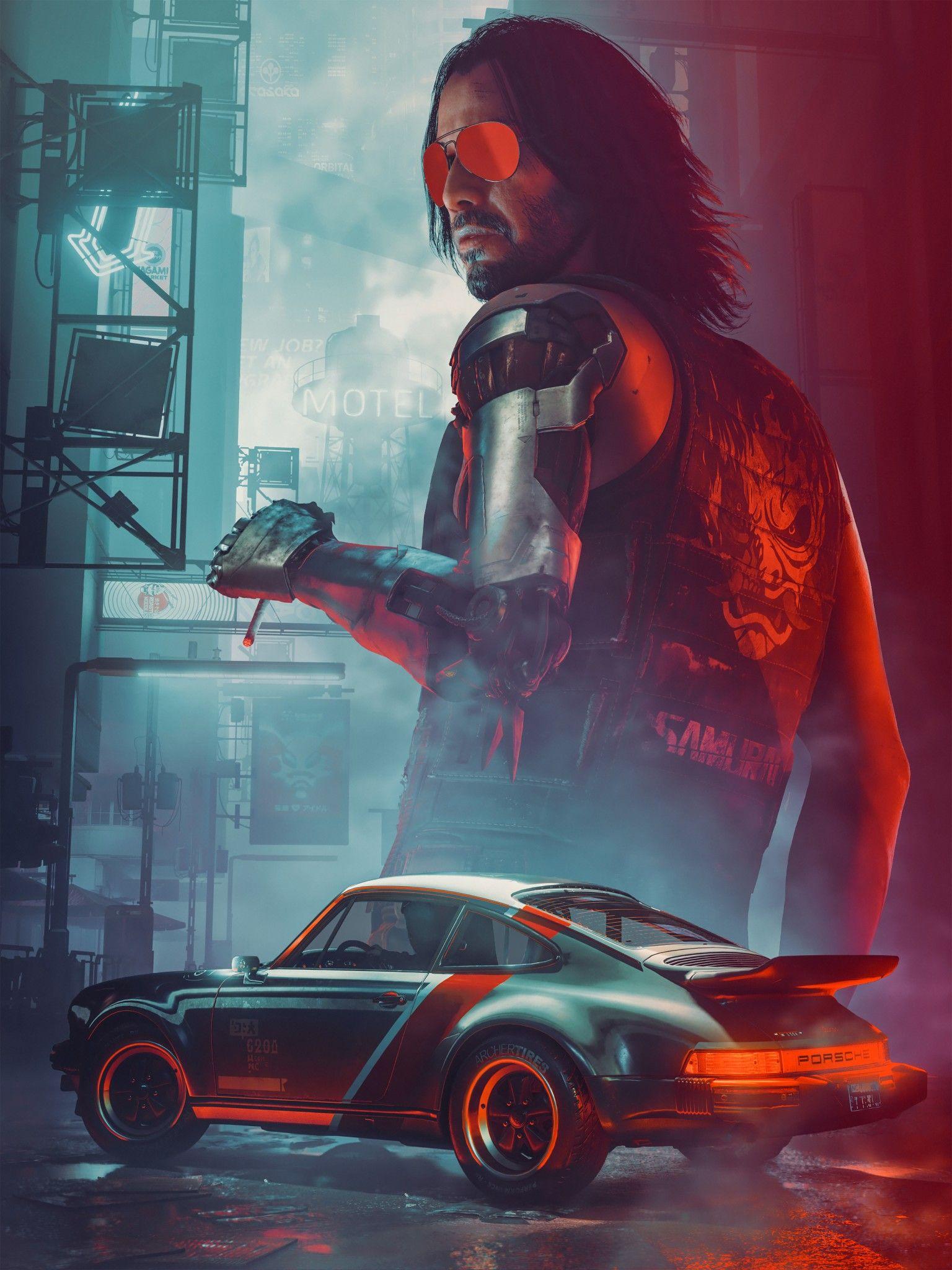 1536x2048 Johnny Silverhand 4K Wallpaper, Cyberpunk Keanu Reeves, Game Art, Fan Art, Porsche 911 Turbo, Games