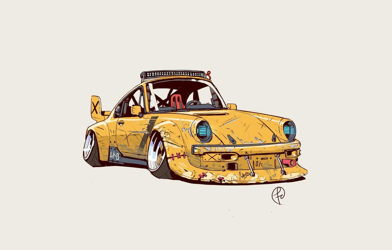 1332x850 Wallpaper Auto, Minimalism, Yellow, Machine, Background, Concept Art, Science Fiction, Transport & Vehicles, by Fernando Correa, Fernando Correa, Retro Cyberpunk car, Porsche 911 Inspired, The retro image for desktop, section минимализм