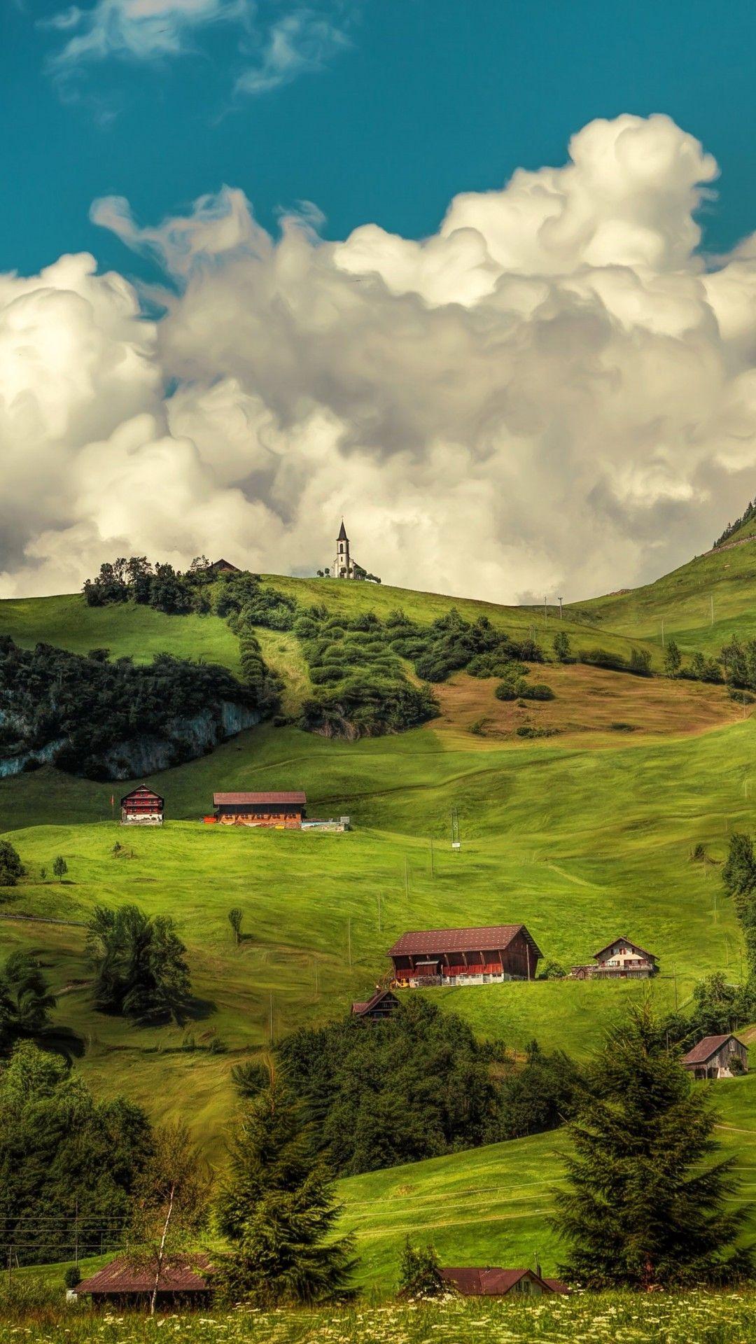 1080x1920 Switzerland, Hill, Village, Forest, Clouds. Background image, Beautiful landscapes, Wallpaper background