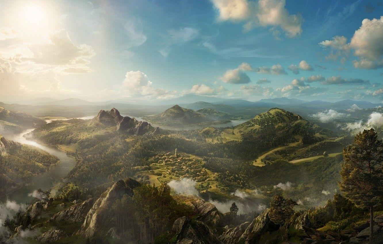 1332x850 Wallpaper clouds, trees, landscape, mountains, river, rocks, hills, view, height, village, art, panorama, settlement image for desktop, section рендеринг