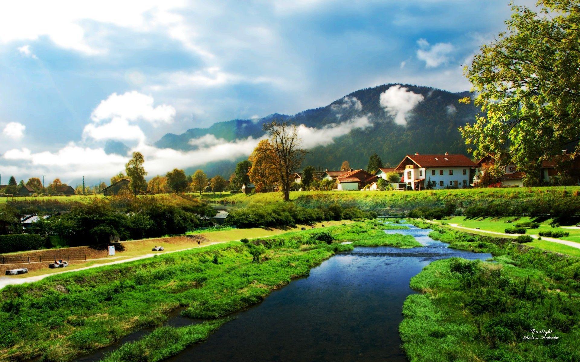 1920x1200 green, clouds, nature, trees, wall, houses, lakes, skyscapes, village wallpaper