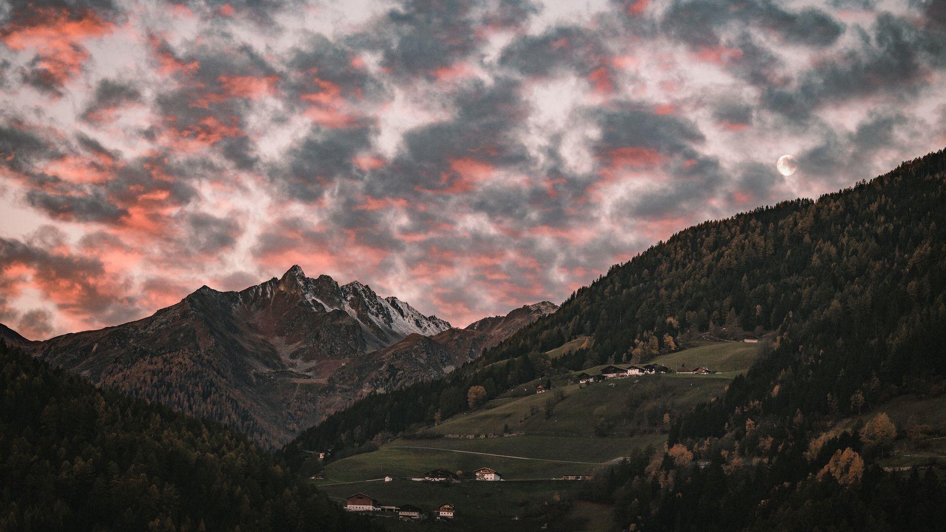 1920x1080 Download wallpaper 1920x1080 mountain, clouds, village, forest, trees, sunset full hd, hdtv, fhd, 1080p HD background