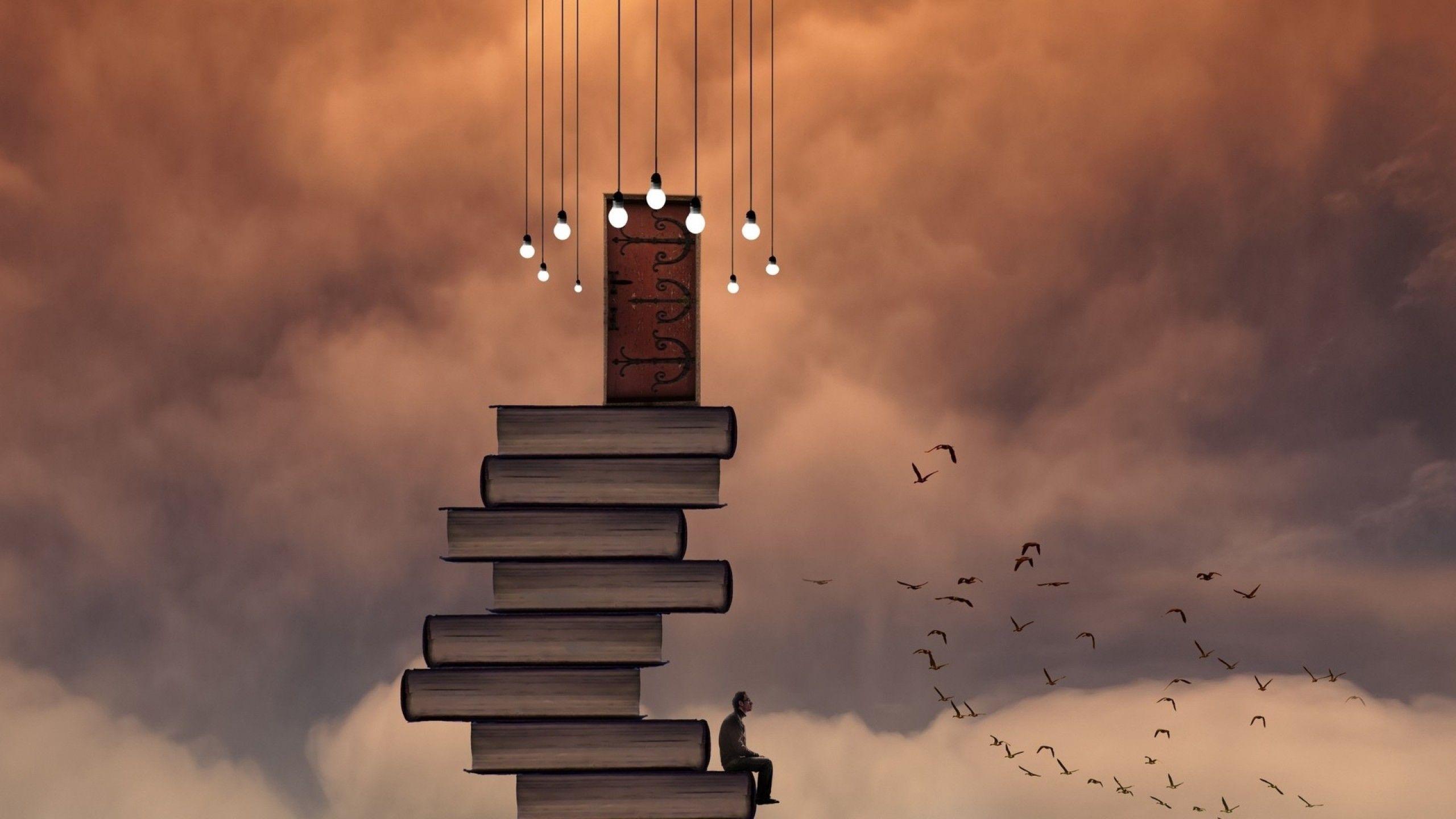 2560x1440 Download 2560x1440 Gate, Old Man, Books, Birds, Clouds Wallpaper for iMac 27 inch