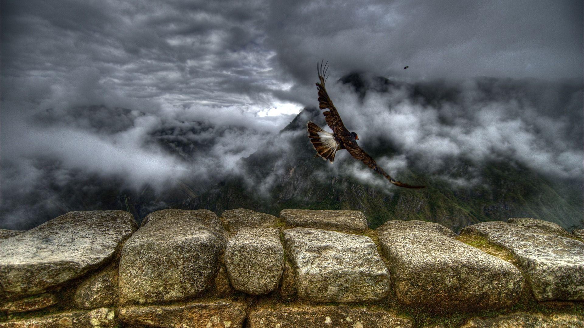 1920x1080 clouds, landscapes, birds, wall, stones wallpaper