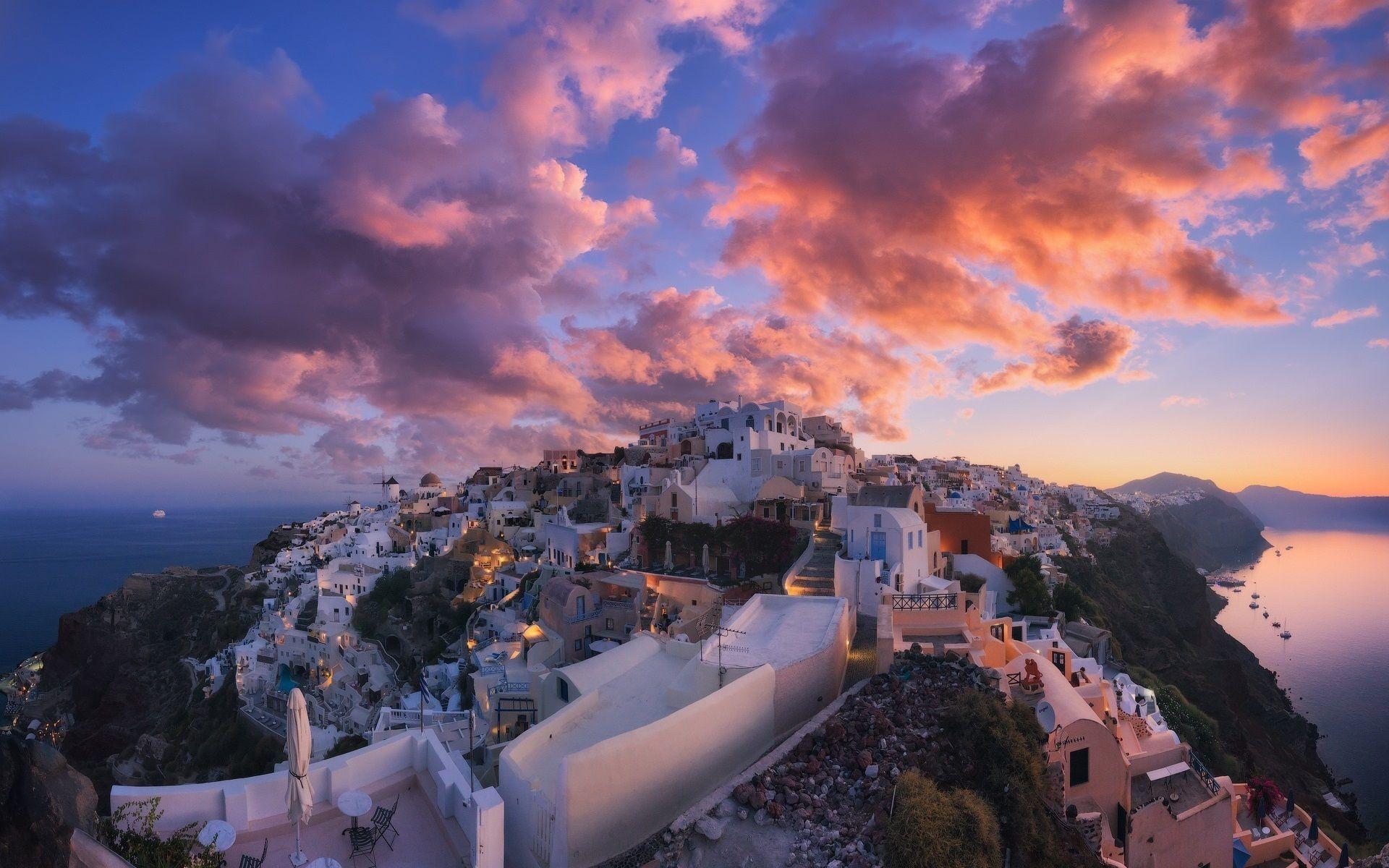 1920x1200 Cloud Greece House Santorini Sunset Village Wallpaper:1920x1200