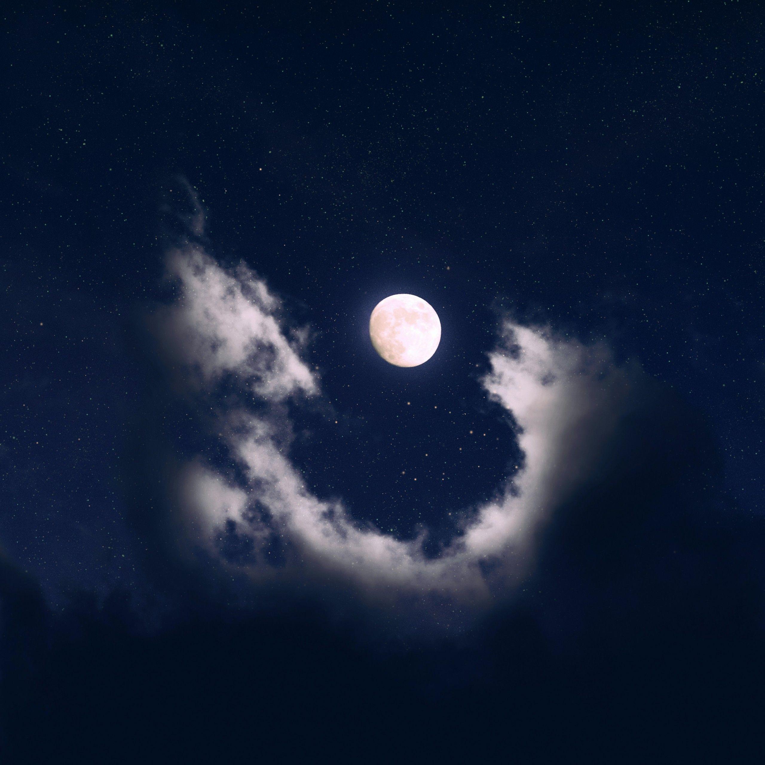 2560x2560 Full moon 4K Wallpaper, Clouds, Night, Starry sky, Nature