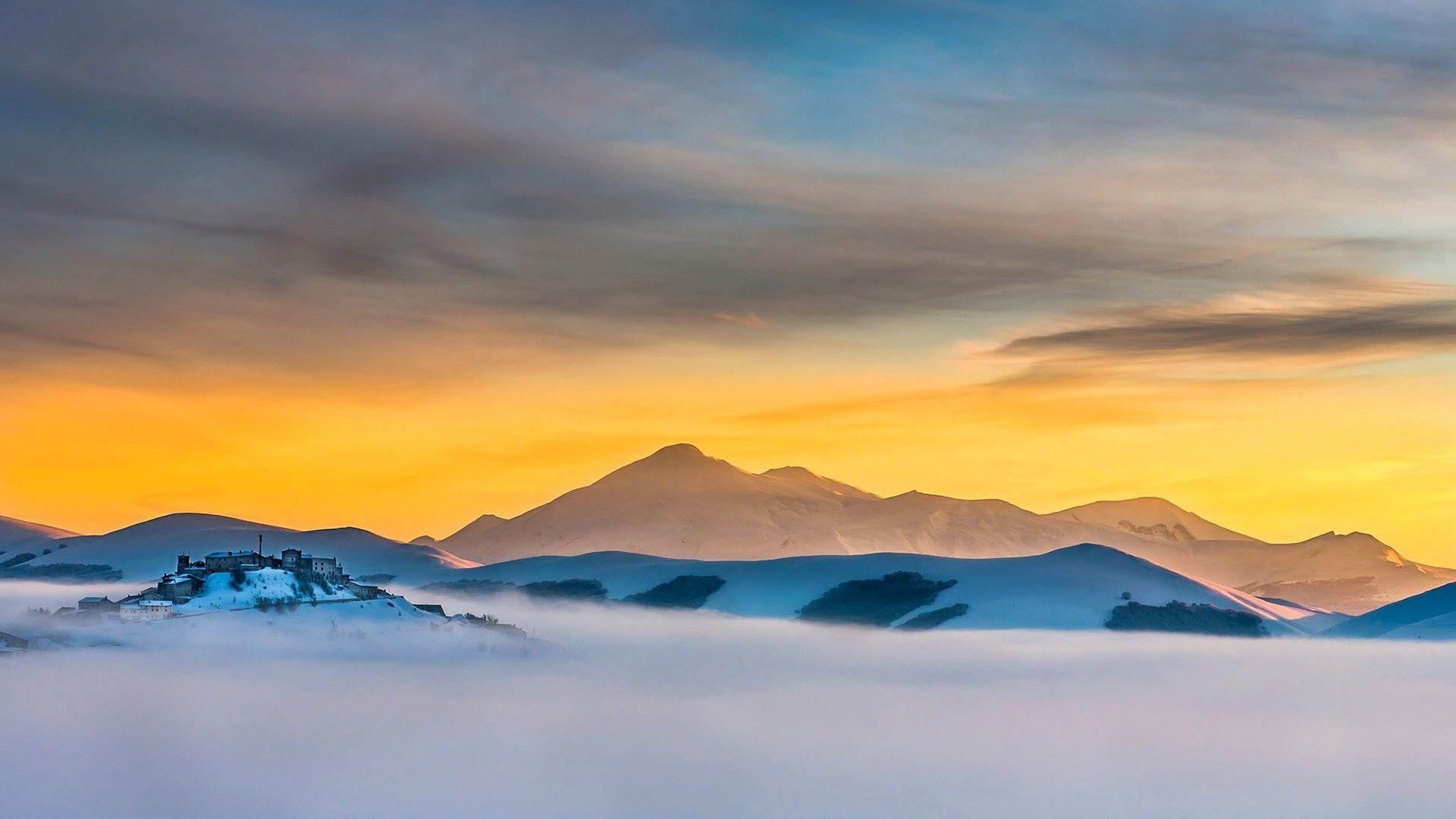 1920x1080 nature, Landscape, Mountain, Clouds, Italy, Morning, Mist, Village, House, Old Building, Hill, Sunset, Winter, Snow, Trees Wallpaper HD / Desktop and Mobile Background