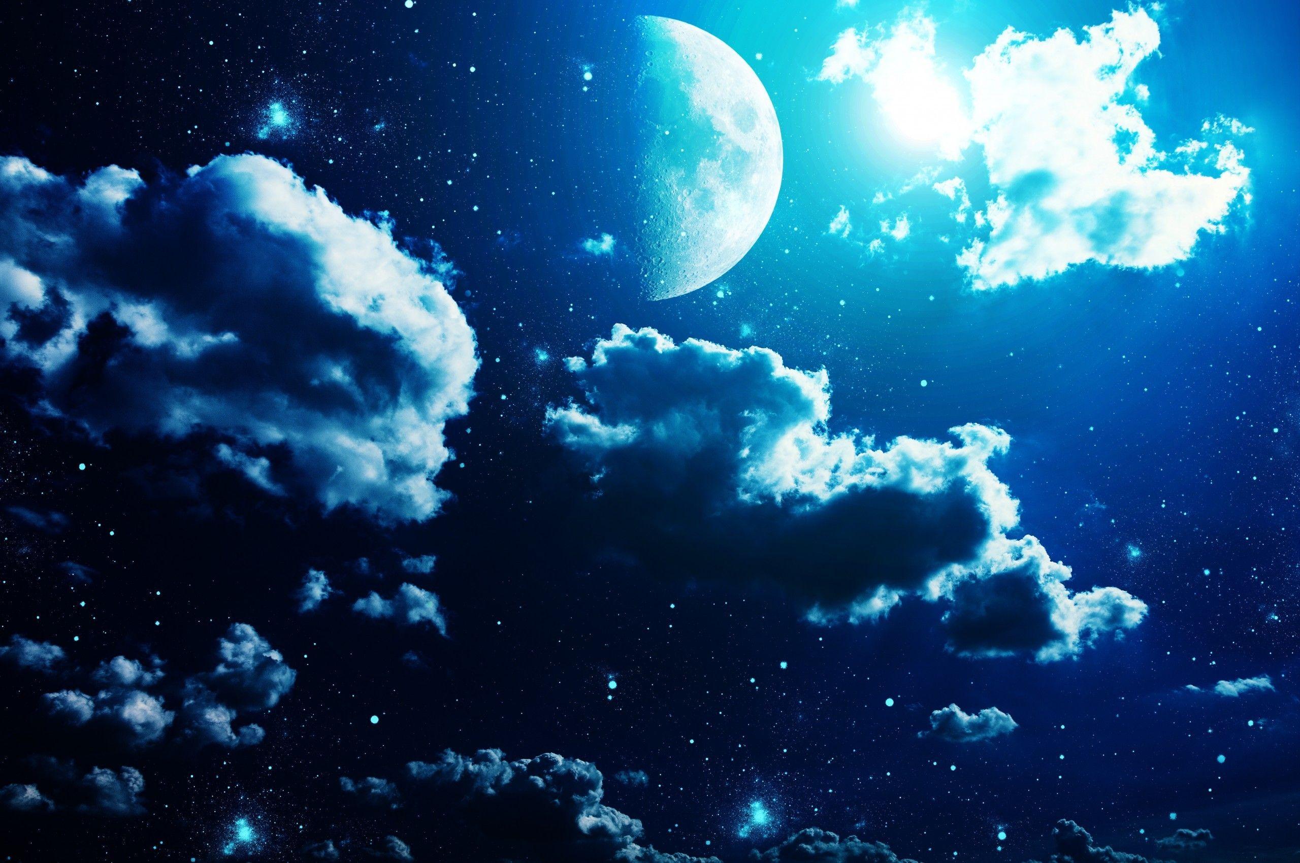 2560x1700 Download 2560x1700 Moon, Clouds, Stars, Night, Sky Wallpaper for Chromebook Pixel