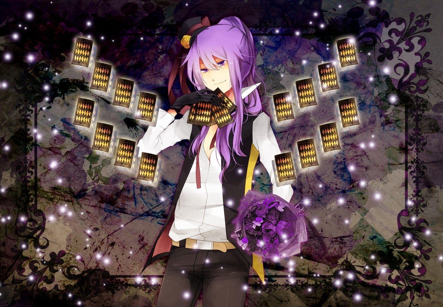 1500x1040 cards vocaloid gloves flowers purple hair anime boys purple eyes kamui gakupo top hat High Quality Wallpaper, High Definition Wallpaper