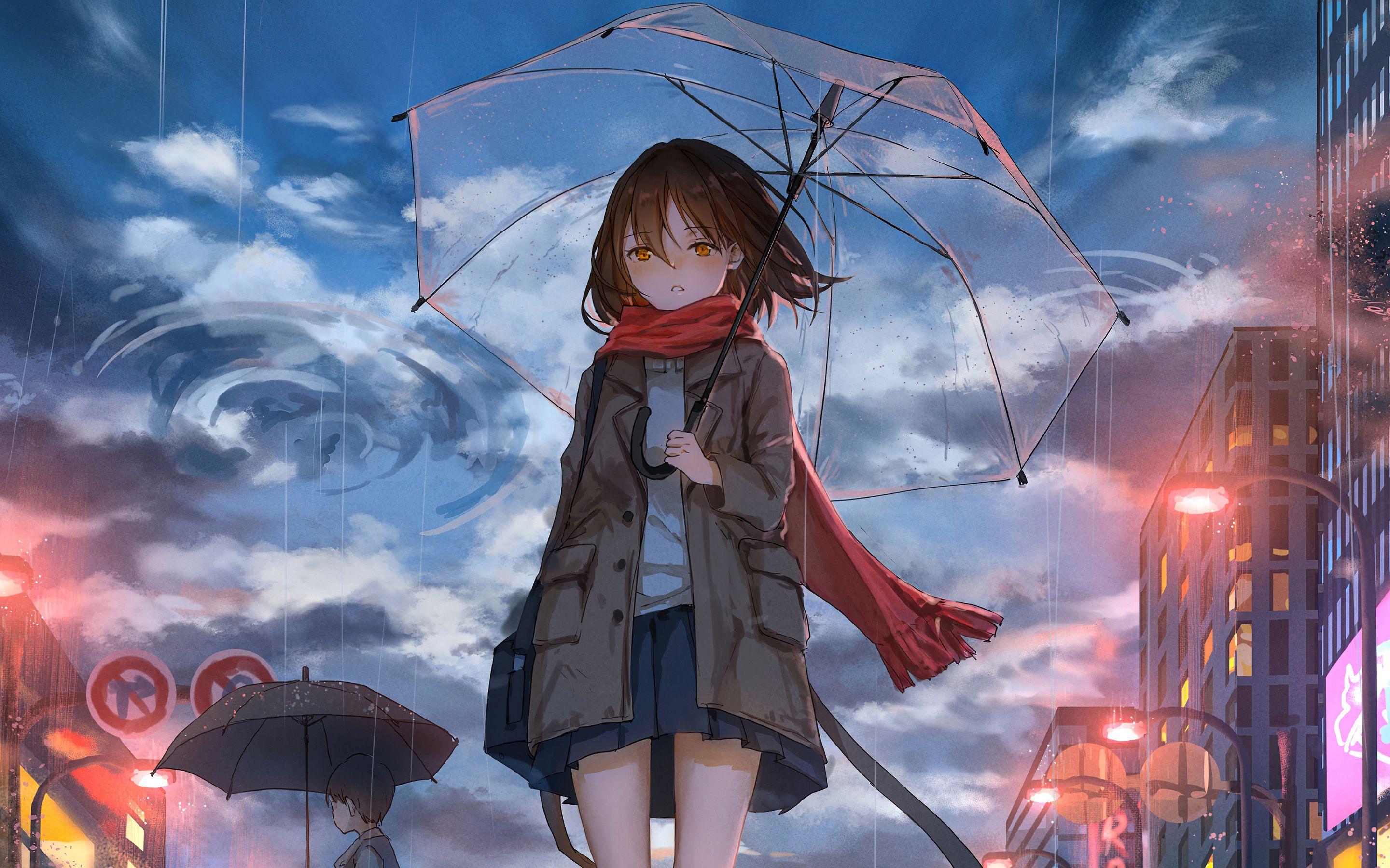 2880x1800 Anime Girl Walking In Rain With Umbrella 4k Macbook Pro Retina HD 4k Wallpaper, Image, Background, Photo and Picture