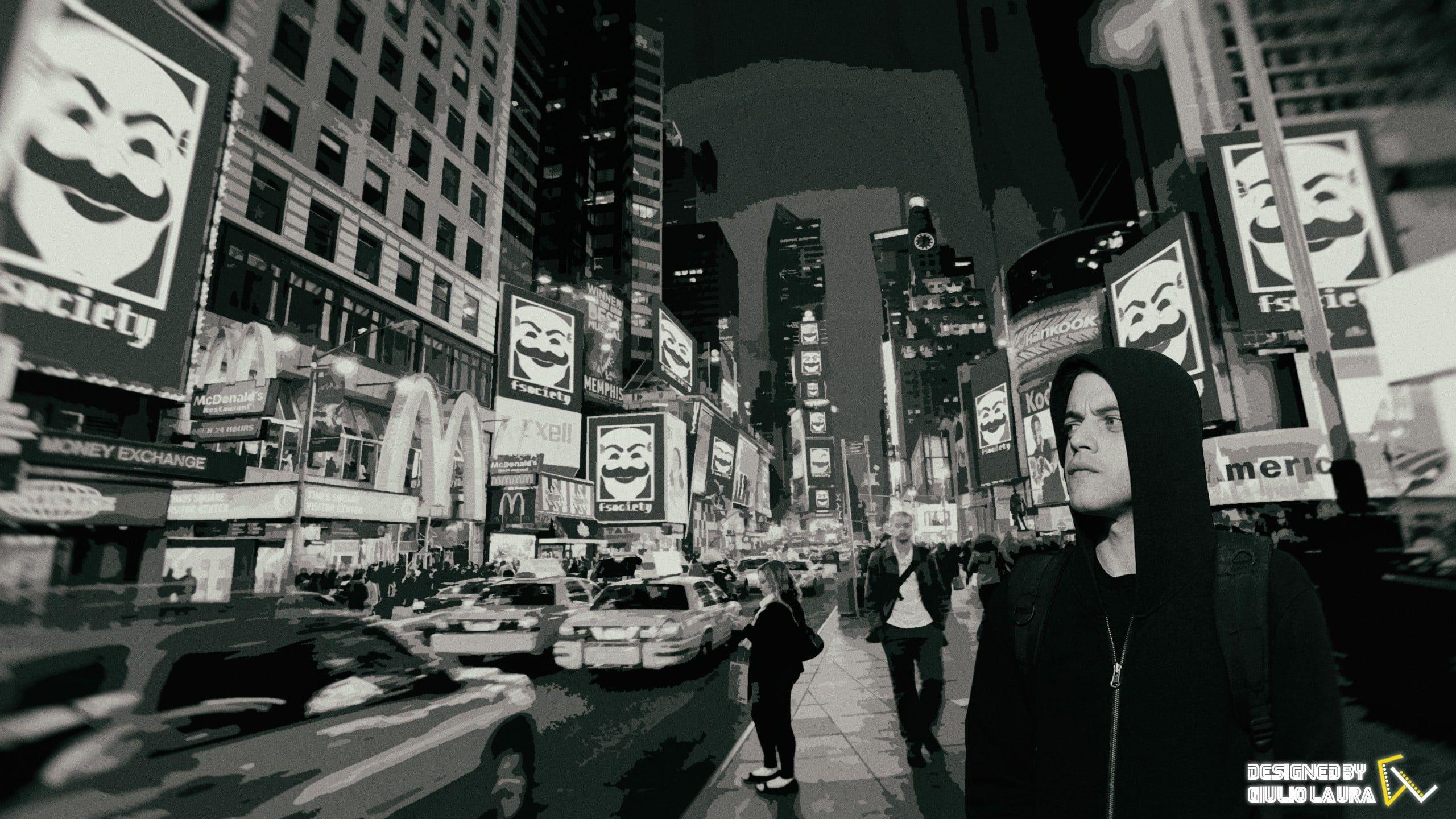 2560x1440 Mr. Robot, fsociety, New York City wallpaper, Time Square, Elliot (Mr. Robot). City wallpaper, Robot wallpaper, Times square