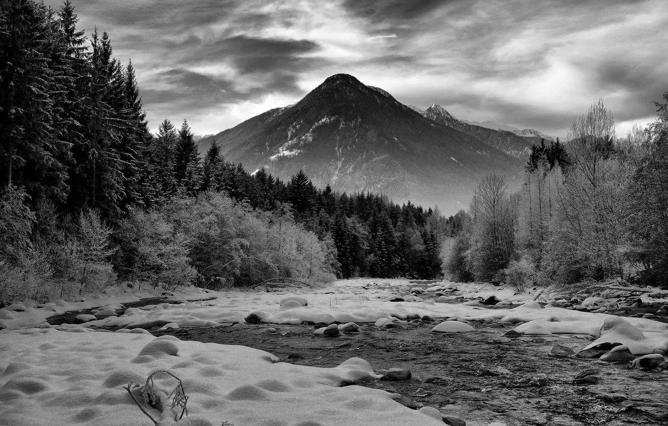 1332x850 Wallpaper winter, forest, the sky, clouds, snow, mountains, nature, river, rocks, black & white, black and white, monochrome image for desktop, section пейзажи