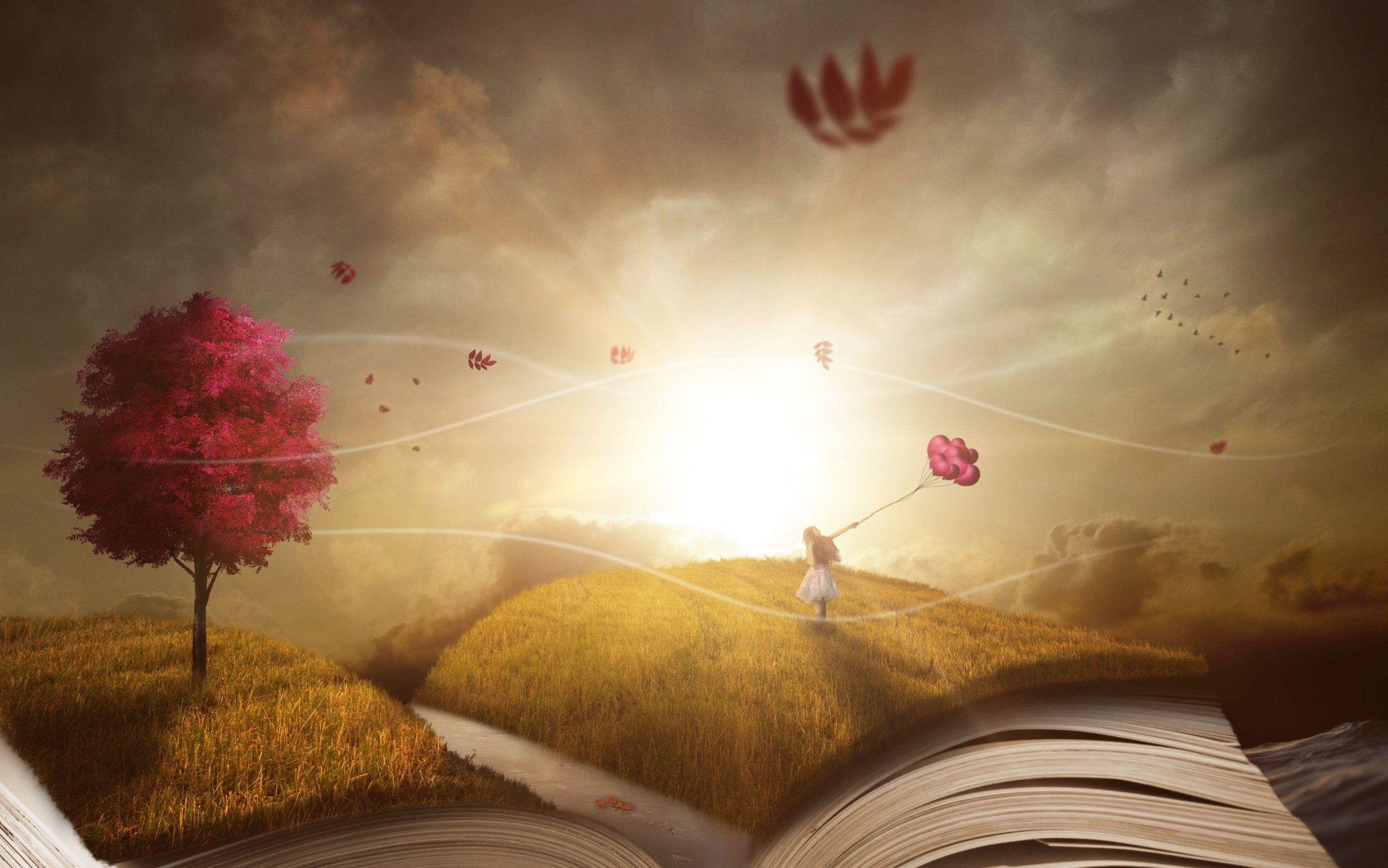 2880x1800 Book 4K Wallpaper, Purple Tree, Autumn, Girl, Dream World, Sunlight, 5K, Fantasy