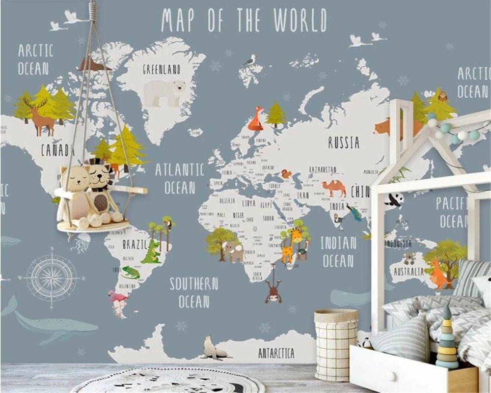 1000x800 Beibehang Children's room interior wallpaper hand drawn retro cartoon world map Dolphin swan background wall 3D wallpaper murals. Wallpaper