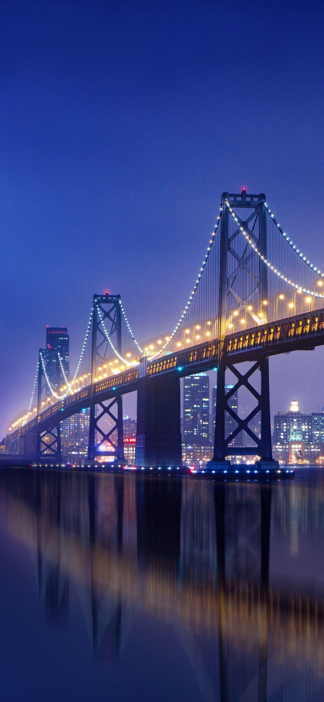 1125x2436 Bay Bridge 4K Wallpaper, San Francisco–Oakland, Night, City lights, Urban, 5K, World