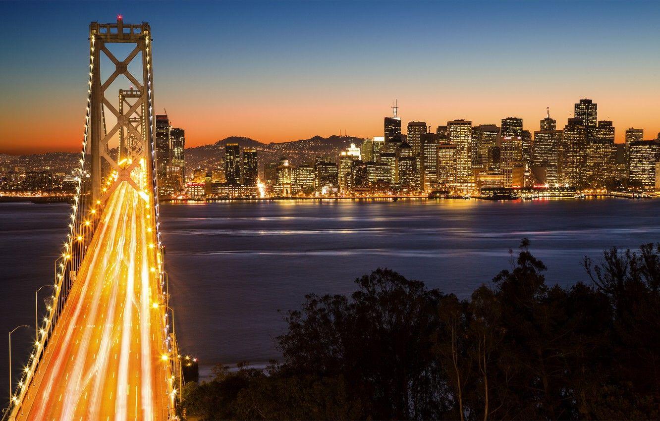1332x850 Wallpaper mountains, night, bridge, the city, lights, dawn, megapolis, San Francisco, Bay Bridge, Yerba Buena Island, neboskreby image for desktop, section город