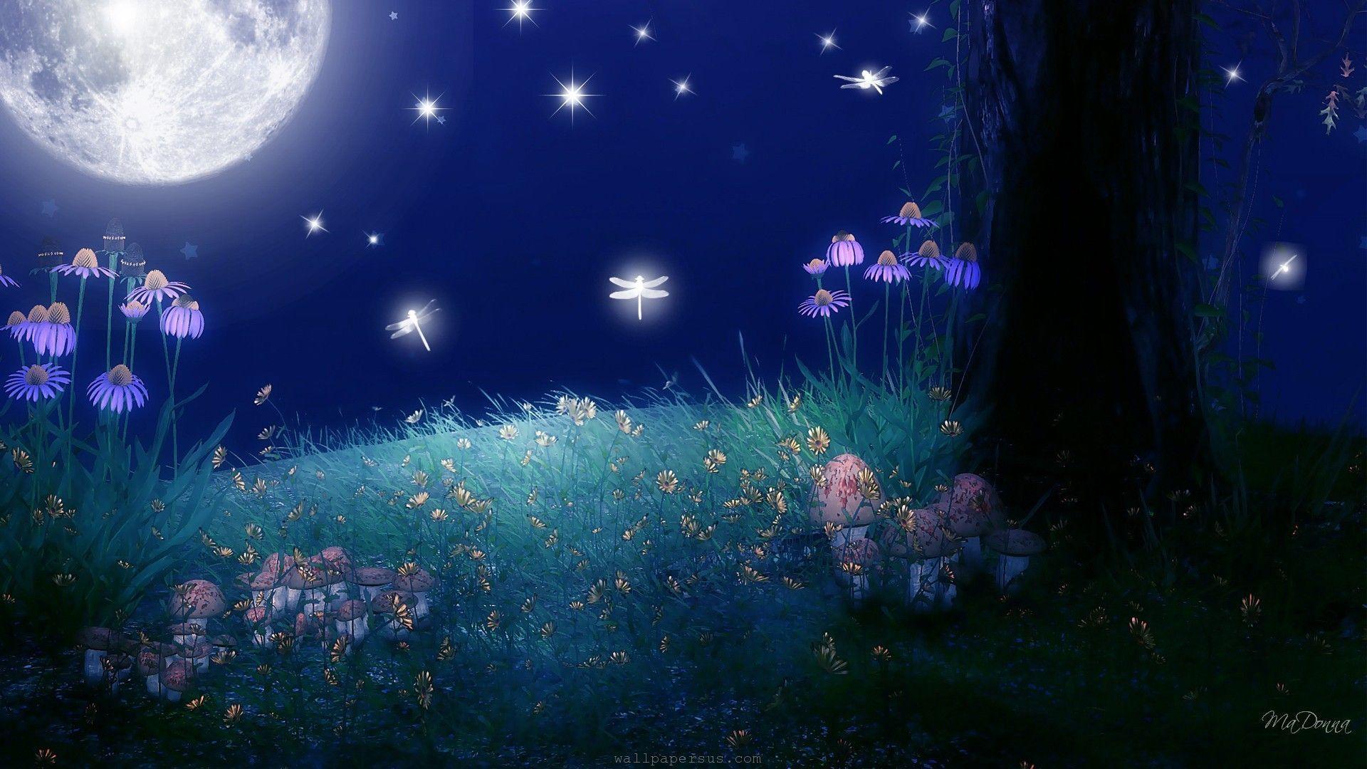 1920x1080 Night dance. Moon and stars wallpaper, Good night moon, Anime background