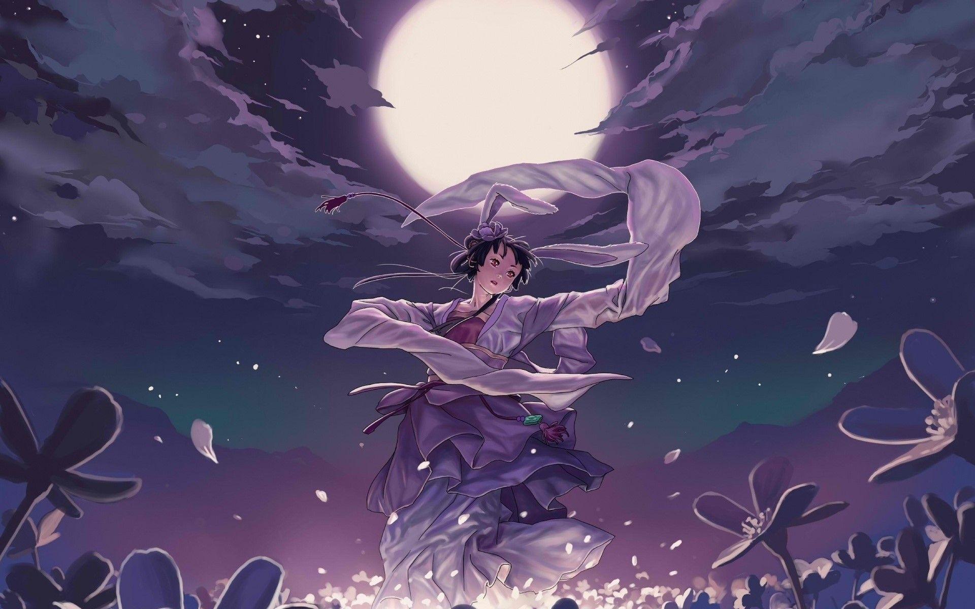 1920x1200 Anime, Flowers, Dance, Night, Girl, Moon wallpaper