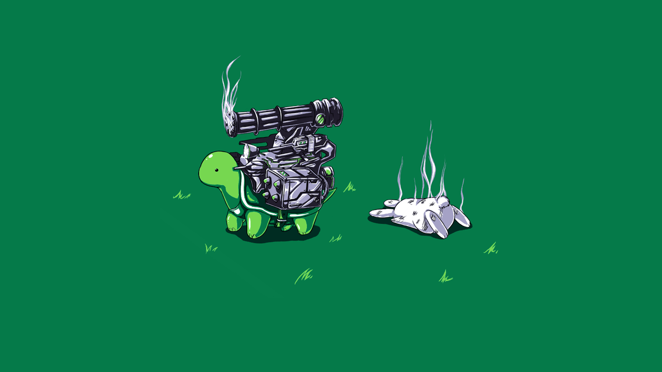 1366x768 #humor, #green, #rabbits, #artwork, #simple background, #turtle, #minimalism, #dark humor wallpaper HD Wallpaper