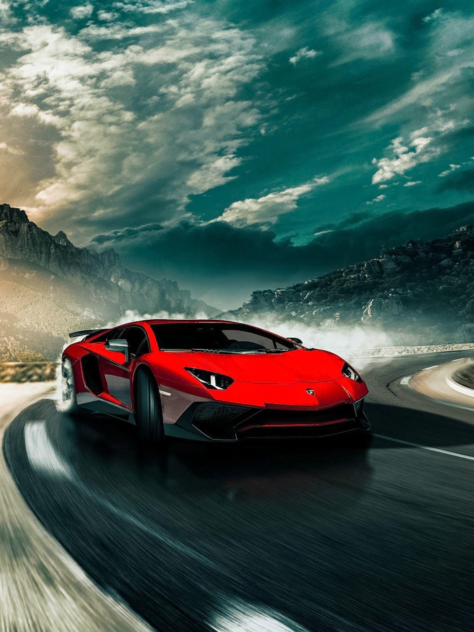1536x2048 Download 1536x2048 Lamborghini Aventador, Road, Clouds, Sky, Red, Cars Wallpaper for Apple iPad Mini, Apple IPad 4