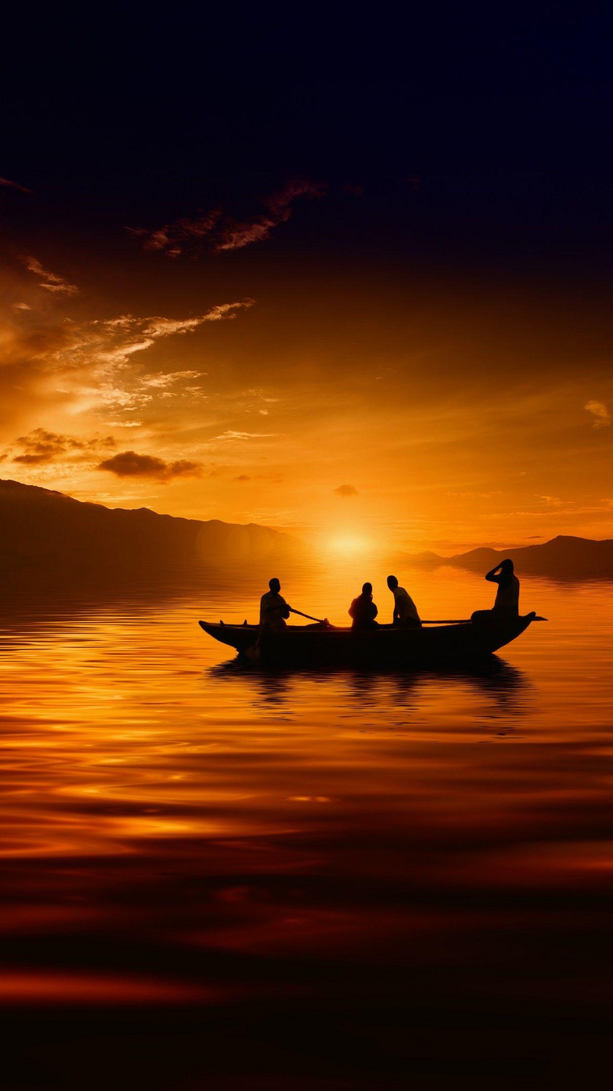 1242x2208 Sunset 4K Wallpaper, People, Boat, Silhouette, Dusk, 5K, 8K, Nature