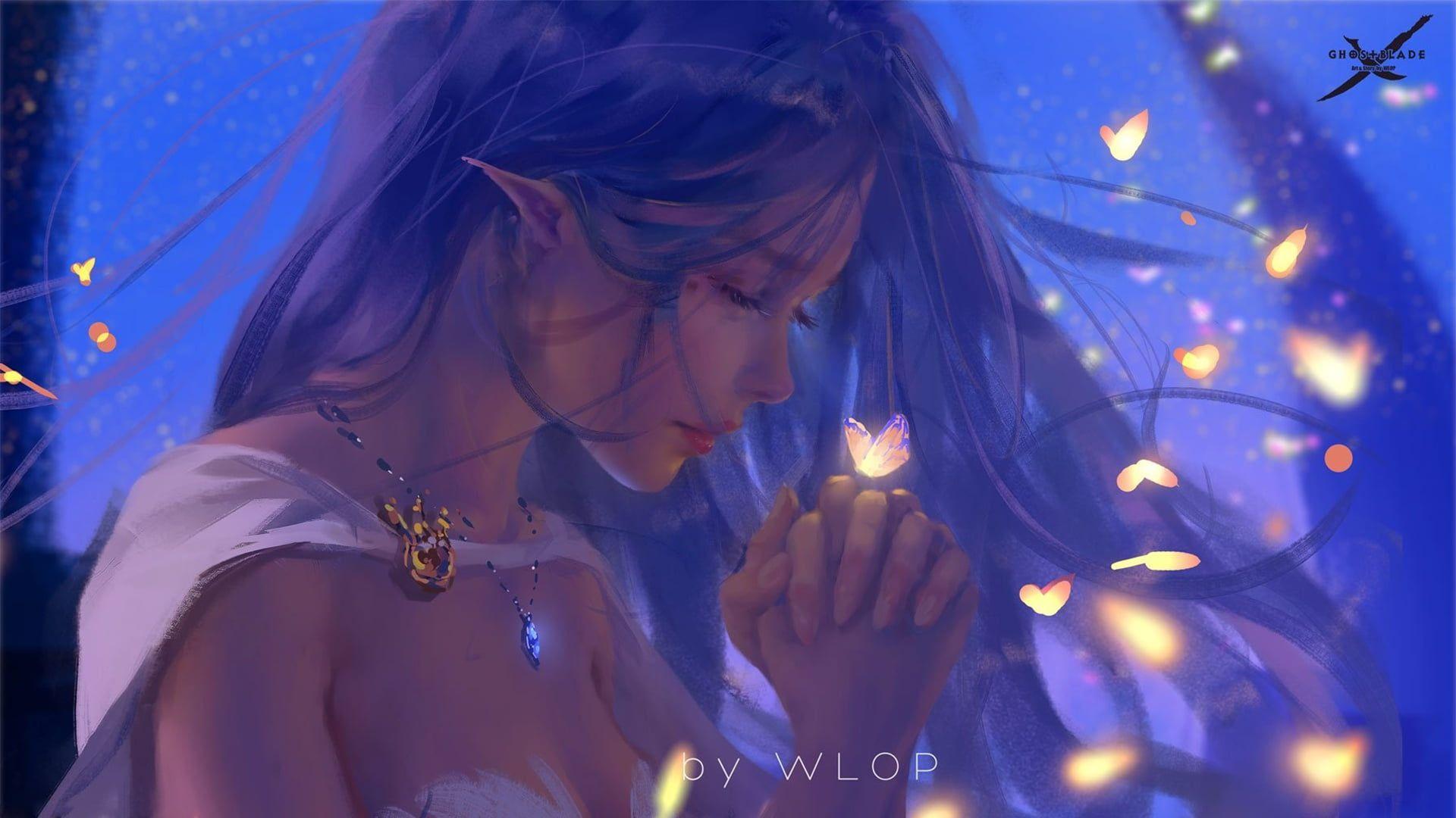 1920x1080 girl #fantasy long hair #butterfly #elf digital art #artwork #princess fantasy art #necklace closed eyes blue h. Digital art girl, Fantasy girl, Long hair styles