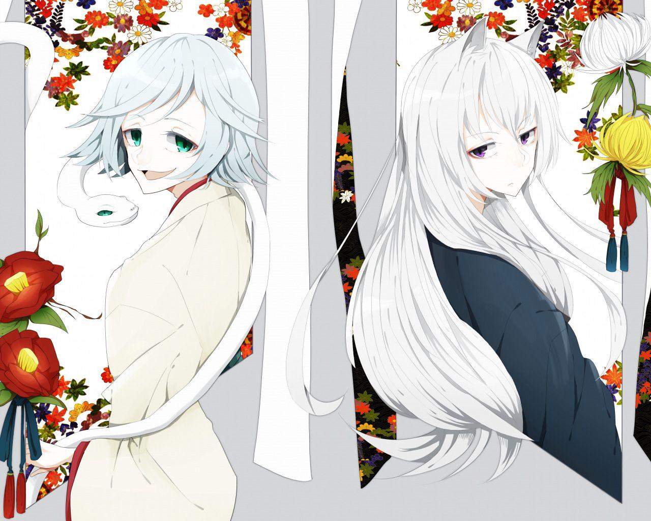 1280x1024 Download wallpaper flowers, snake, Fox, Kamisaa The Hajimemashita, Tomoe, Mizuki, section art in resolution 1280x1024