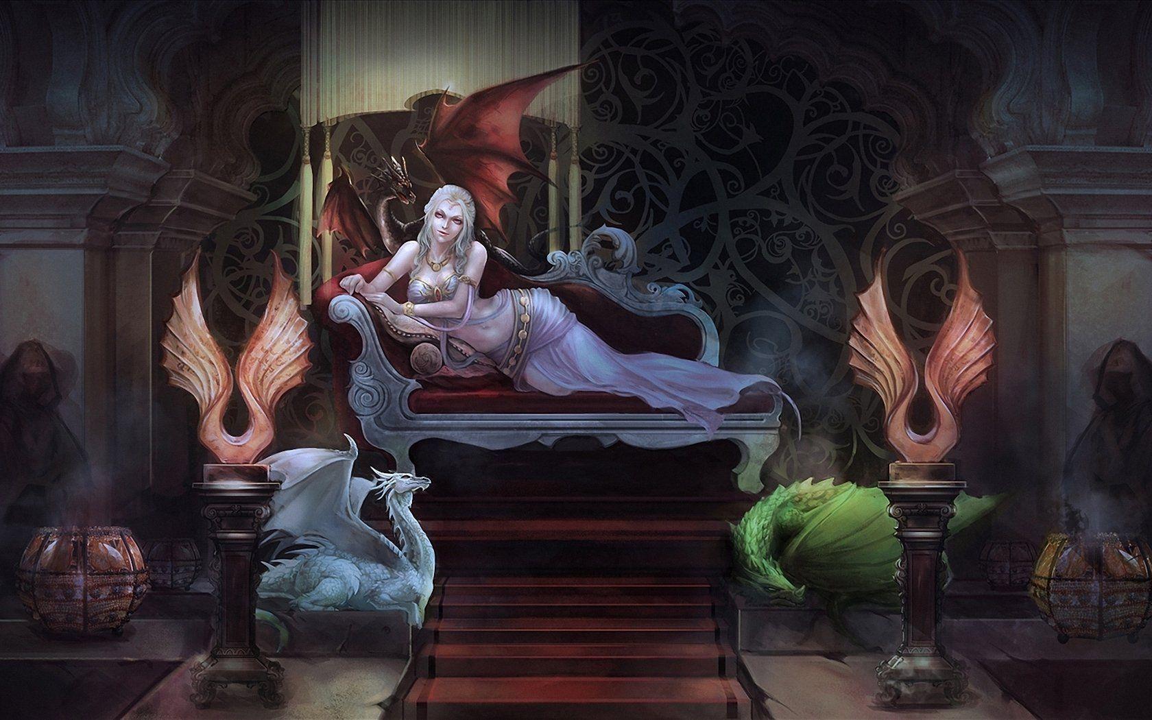 1680x1050 art, A, Song, Of, Ice, And, Fire, The, Game, Of, Thrones, Girl, Daenerys, Targaryen, Throne, Sofa, Dragons, Column, Drogon, Reyegal, Vizerion Wallpaper HD / Desktop and Mobile Background