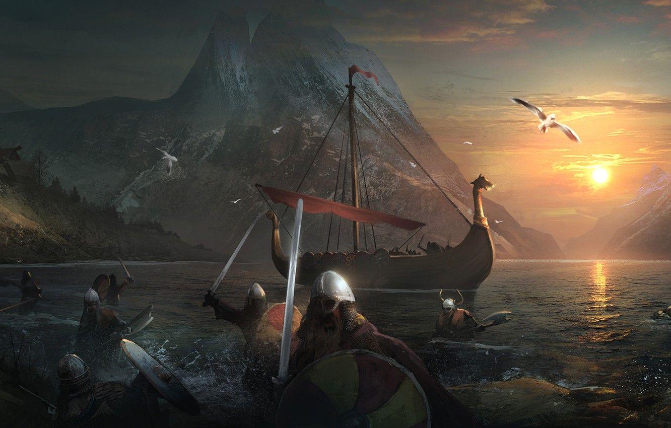 1332x850 Wallpaper sea, water, sunset, mountains, bird, ship, sword, the evening, attack, helmet, shield, warriors, vikings image for desktop, section живопись