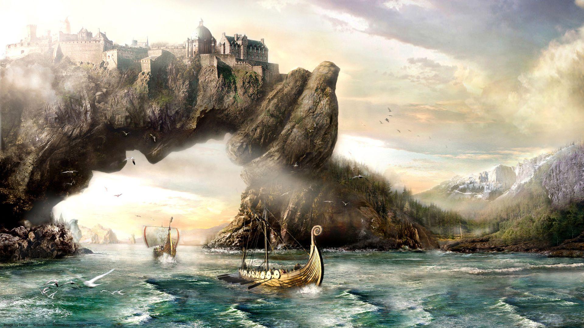 1920x1080 #mountains, #Fantasy, #vikings, #landscapes, #ships, #paintings, #sailing, #boats, #art. Mocah HD Wallpaper
