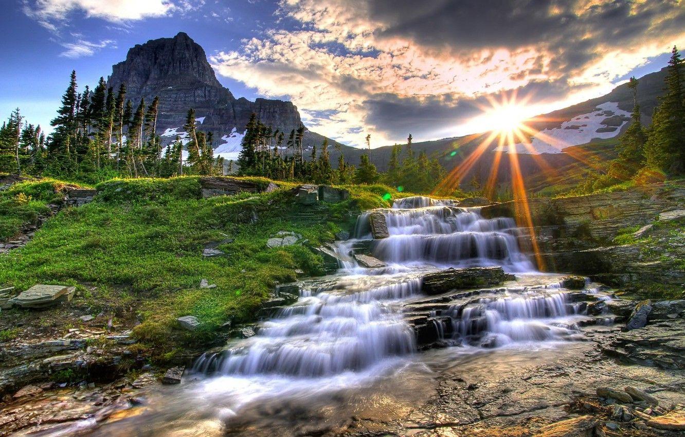 1332x850 Wallpaper sunset, mountains, waterfall image for desktop, section пейзажи