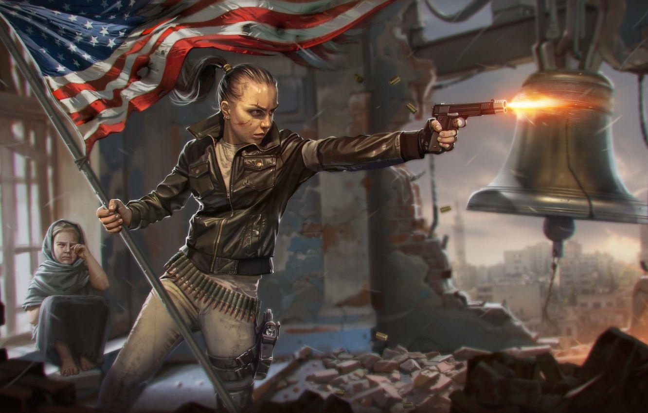 1332x850 Wallpaper girl, the city, gun, war, child, flag, revolution, bell, Homefront: The Revolution image for desktop, section игры
