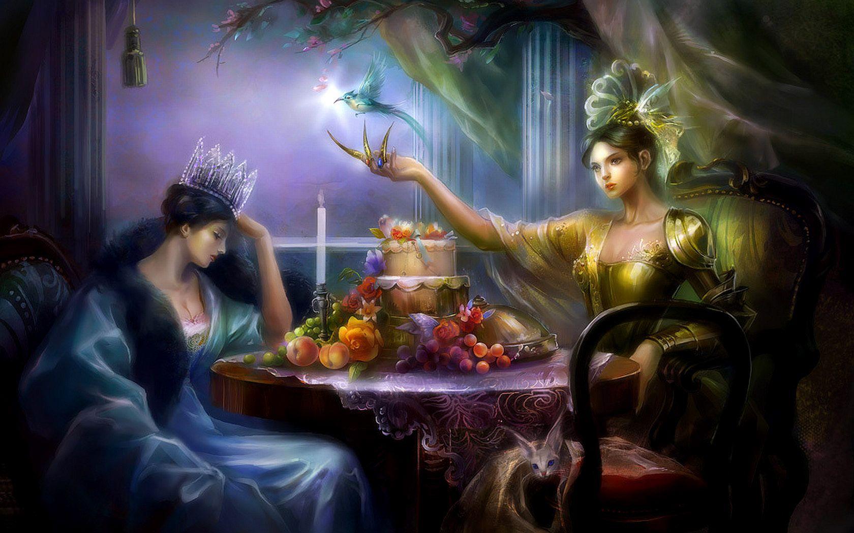 1680x1050 Sad Princess, Blue Clothing, A Table With Fruit, Girl, Bird Magic Mood In Fantasy HD Wallpaper :