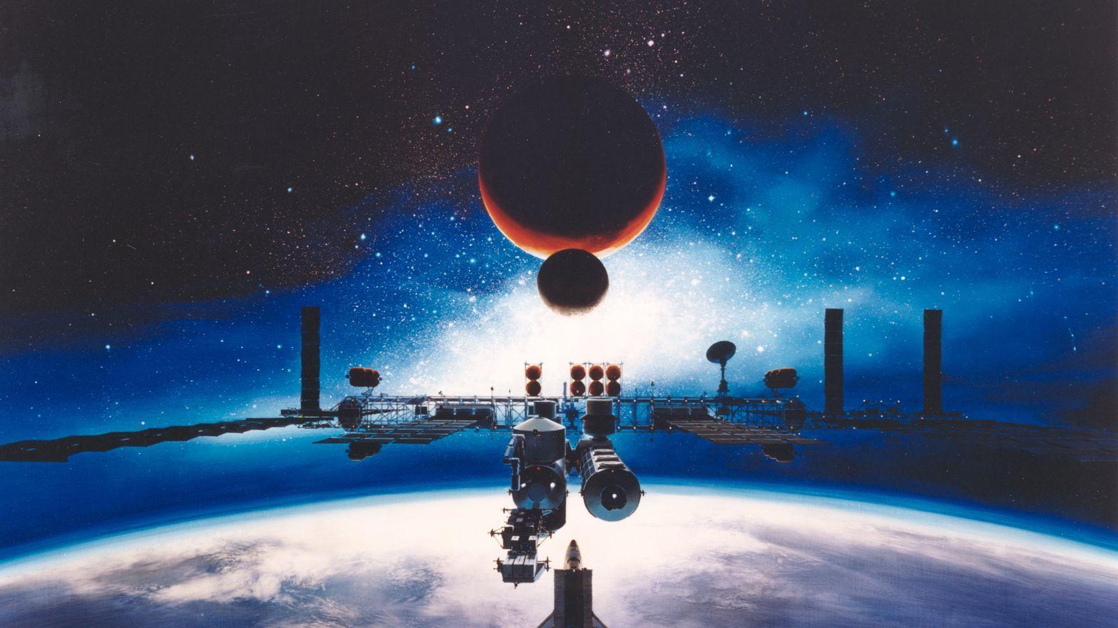 1600x900 Download wallpaper 1600x900 space station, moon, earth, mars, galaxy, universe widescreen 16:9 HD background