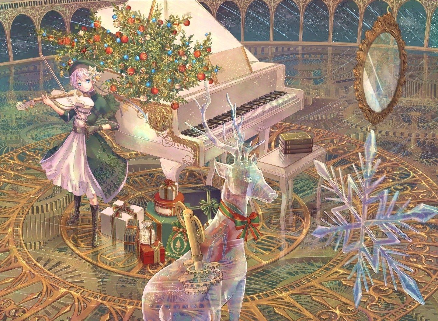 1440x1056 anime girls anime piano christmas wallpaper