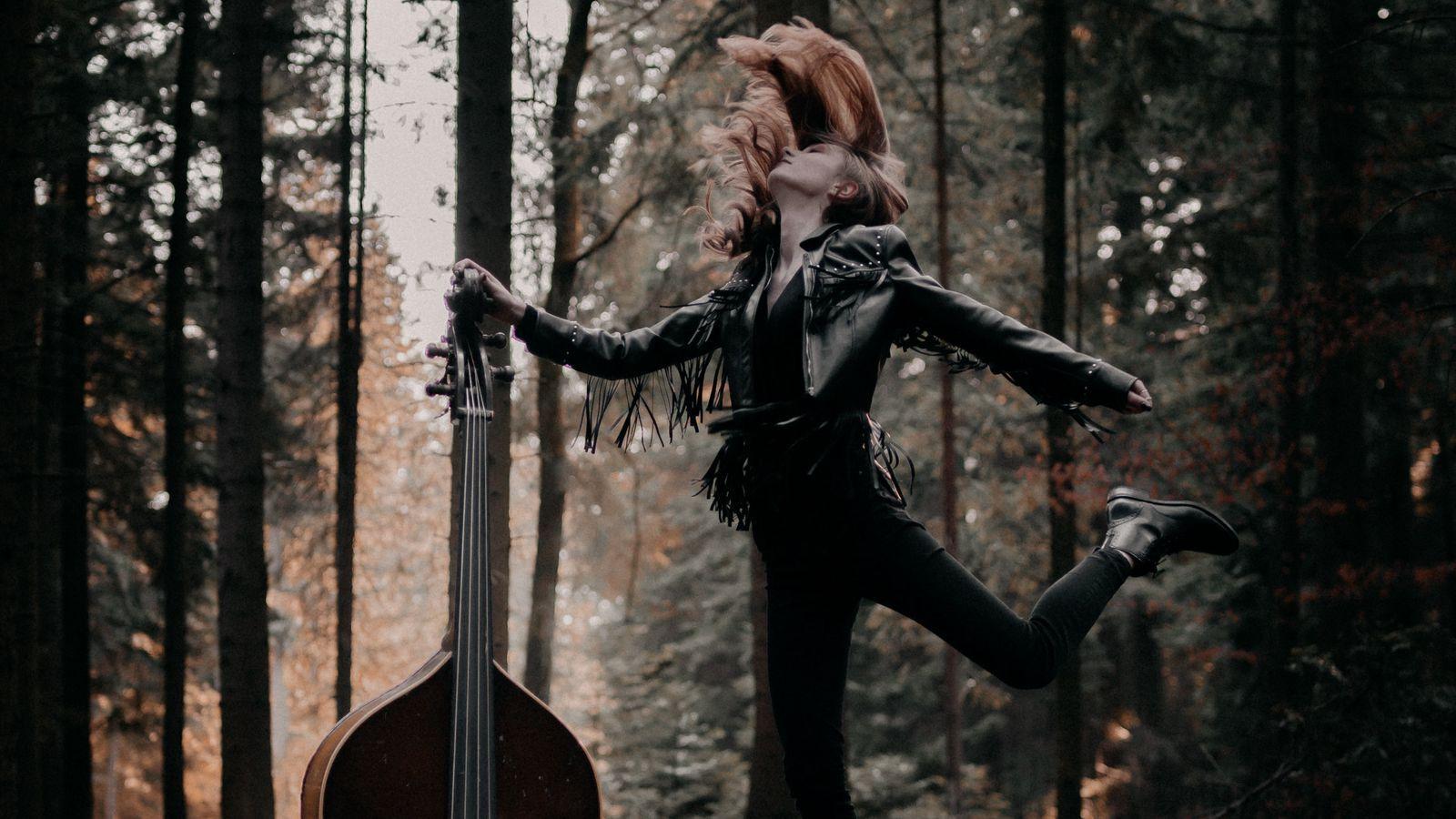 1600x900 Download wallpaper 1600x900 girl, musical instrument, forest widescreen 16:9 HD background