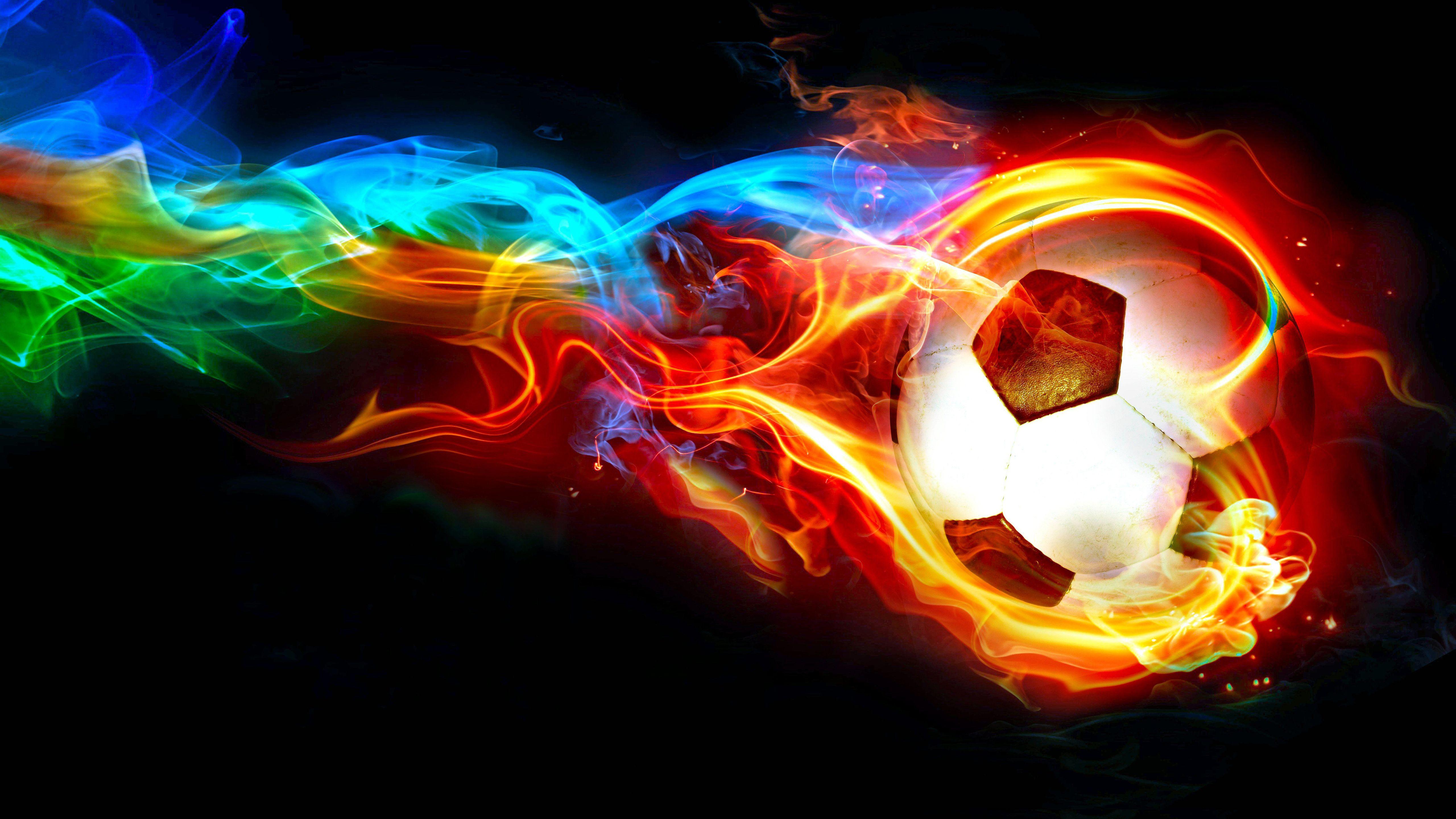 5120x2880 Black White Ball With Colorful Fire In Black Background 4K 5K HD Football Wallpaper