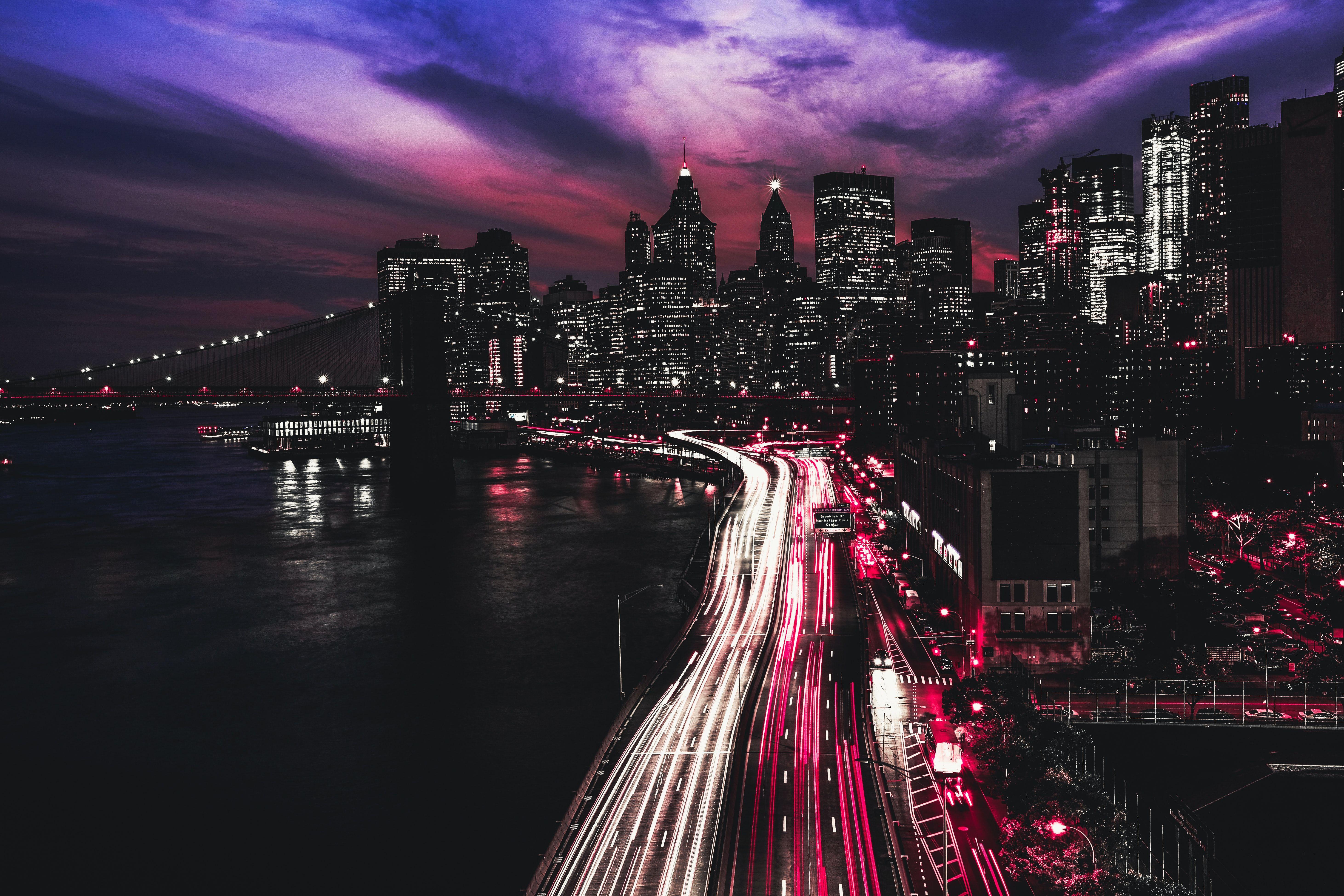 5848x3899 New York City 4K Wallpaper, Manhattan, Traffic lights, Light trails, Night, Cityscape, City lights, World