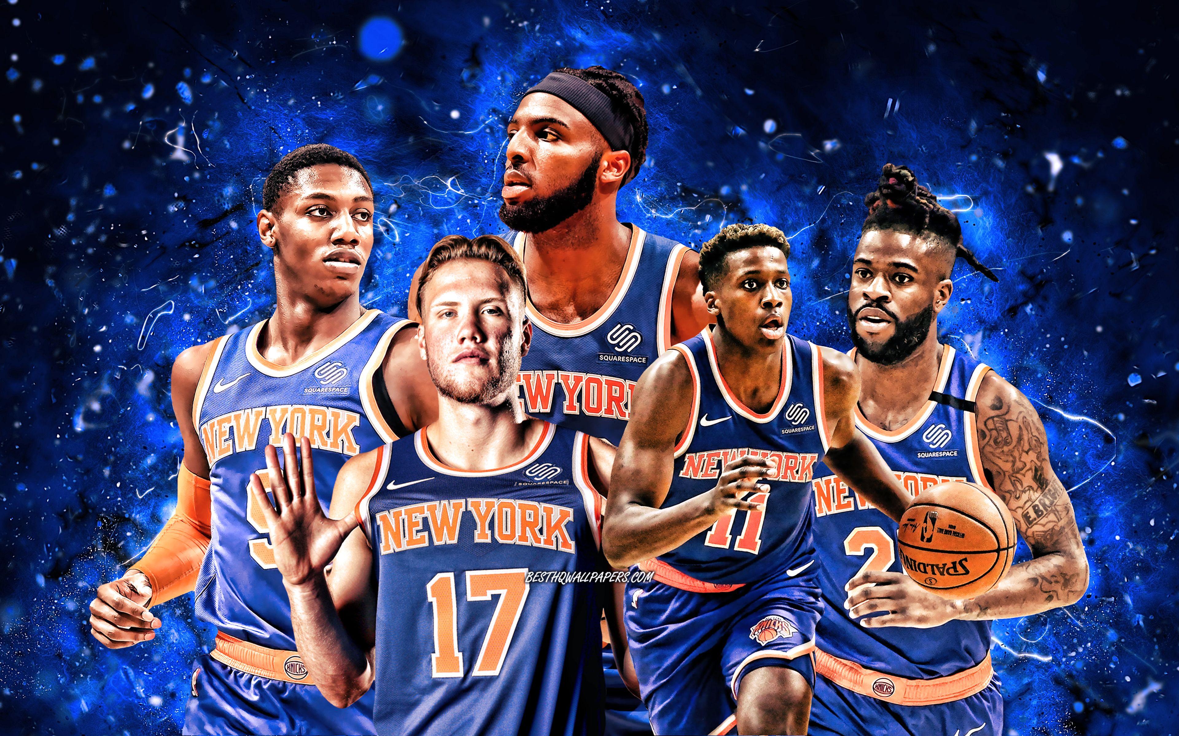 3840x2400 Download wallpaper Frank Ntilikina, Ignas Brazdeiki, Reggie Bullock, Mitchell Robinson, RJ Barrett, 4k, New York Knicks, basketball, NBA, New York Knicks team, blue neon lights, basketball stars, NY Knicks for desktop with