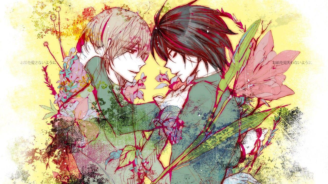 1280x720 light yagami is comforting yaoi with colorful flowers around death note HD anime Wallpaper