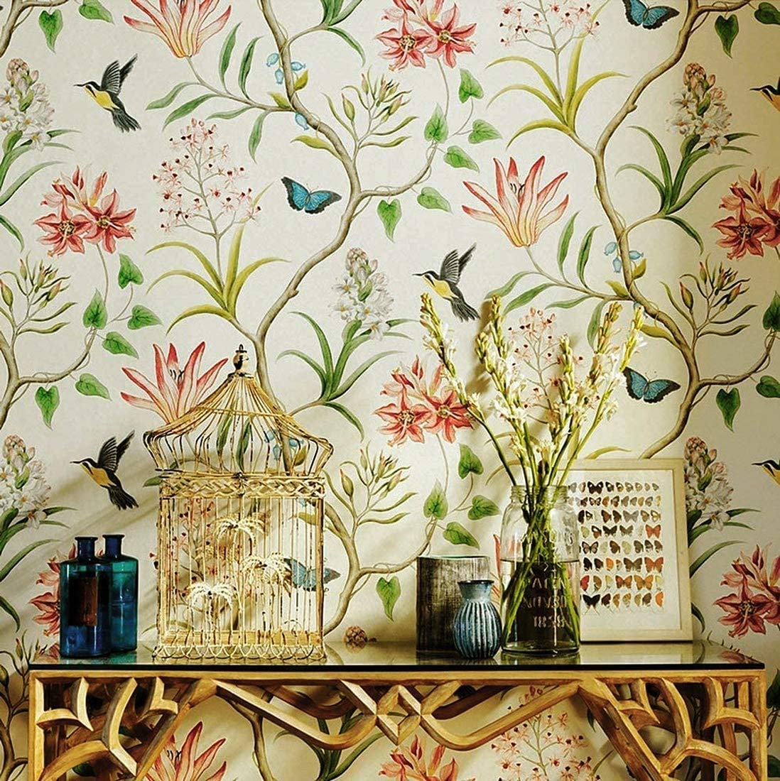 1098x1100 Blooming Wall Vintage Fresh Floral Birds Wallpaper Wall Mural for Livingroom Bedroom Kitchen Bathroom, 20.8 In32.8 Ft=57 Sq.ft, Multicolor