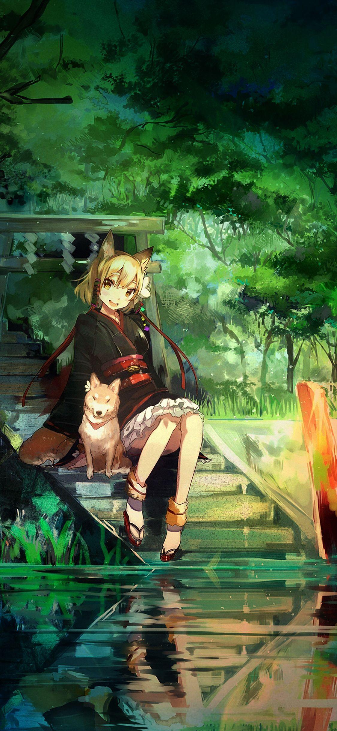 1125x2436 Girl And Dog Green Nature Anime Art Illust