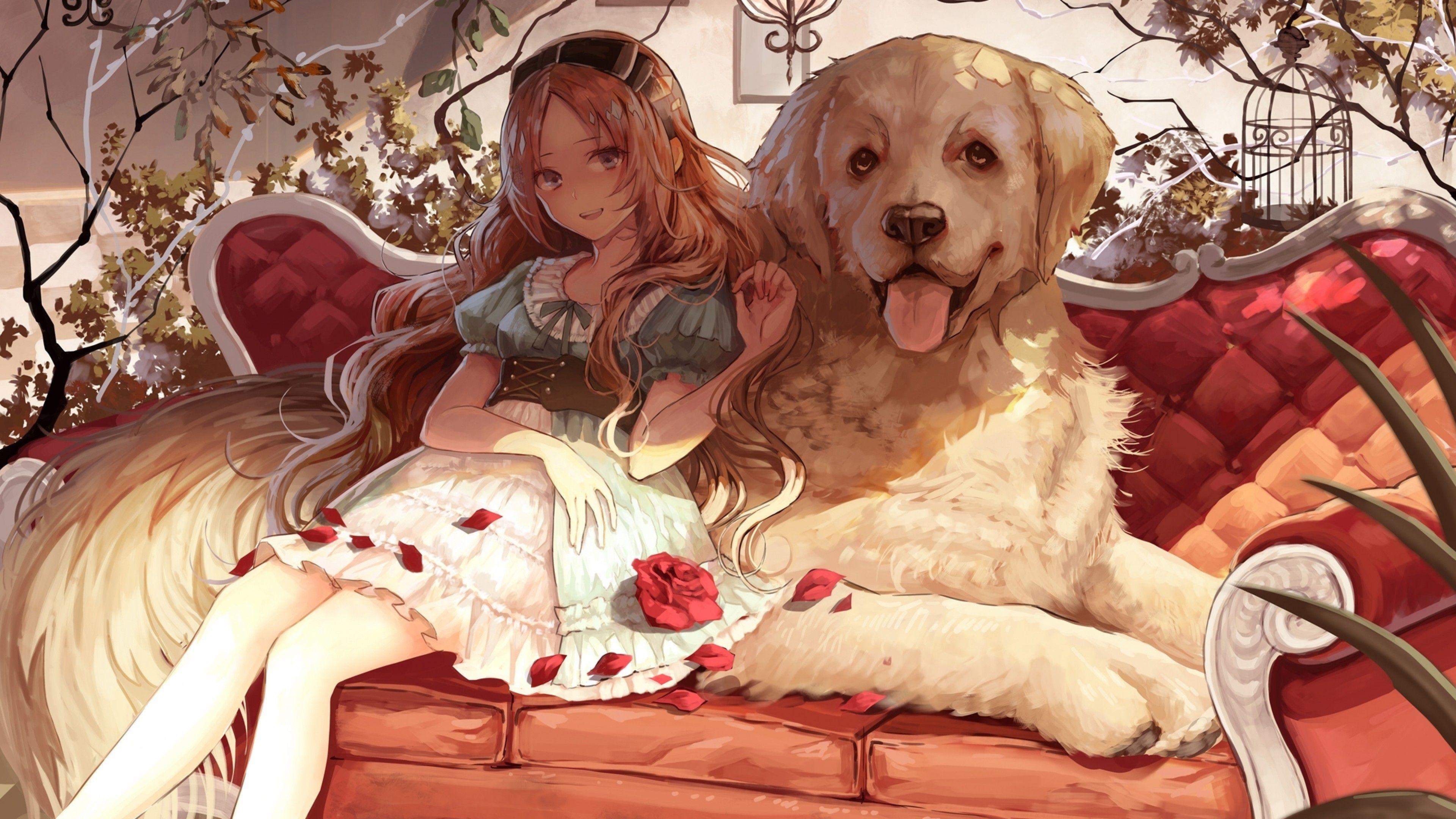 3840x2160 Download 3840x2160 Anime Girl, Blonde, Dog, Smiling, Cute, Flowers Wallpaper for UHD TV
