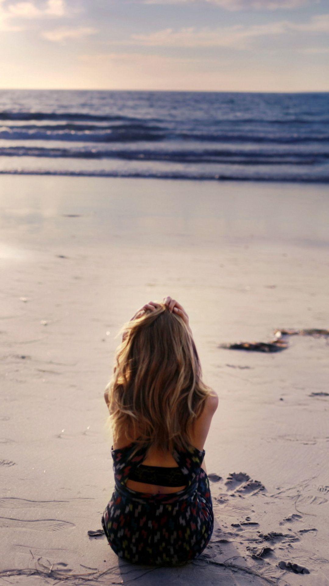 1080x1920 Lonely Girl On Beautiful Beach Wallpaper for iPhone 6 Plus