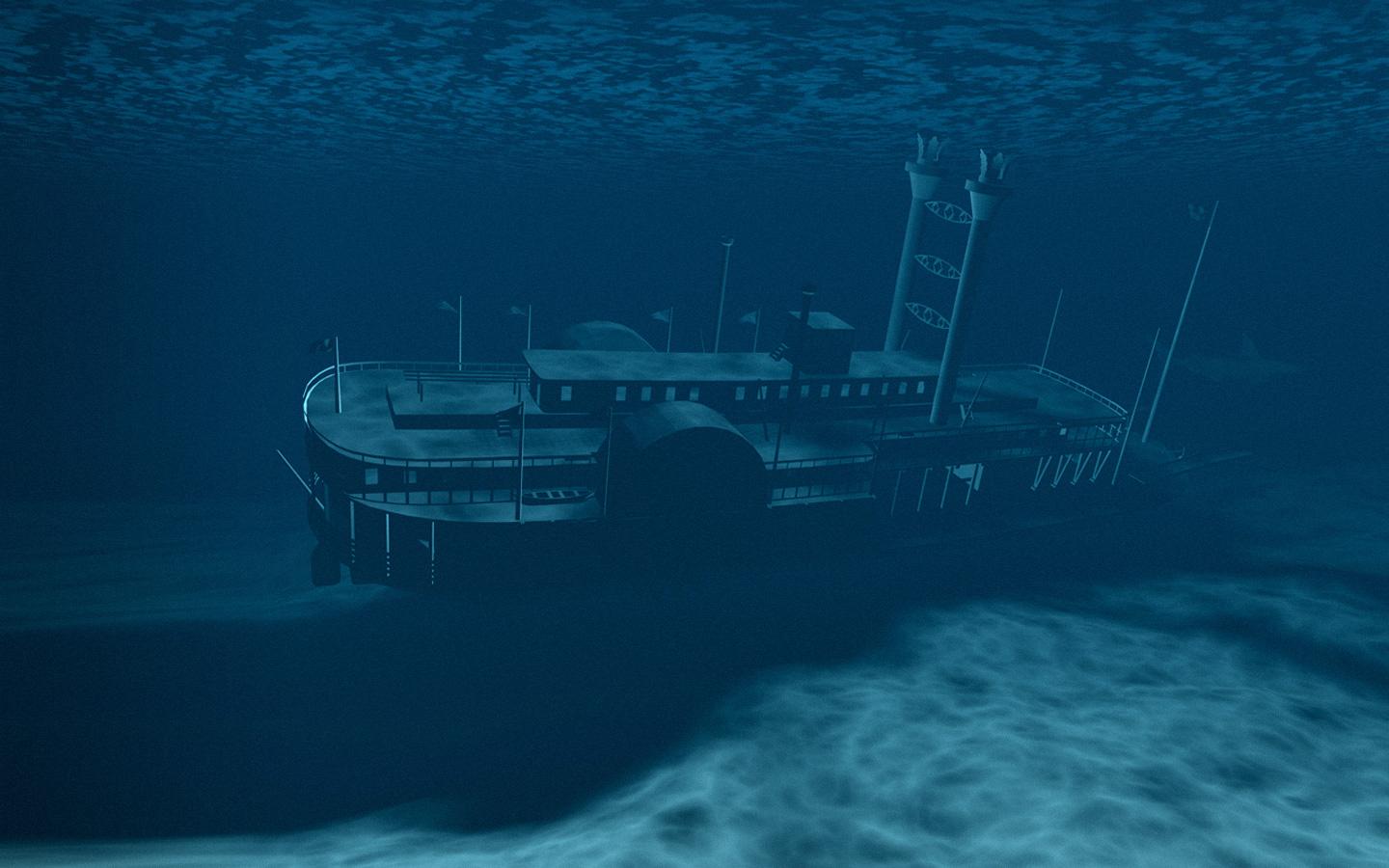 1440x900 Deep Blue Mystery Underwater Shipwreck, 1440 X 900pix Wallpaper Surreal Art, 3D Digital Art